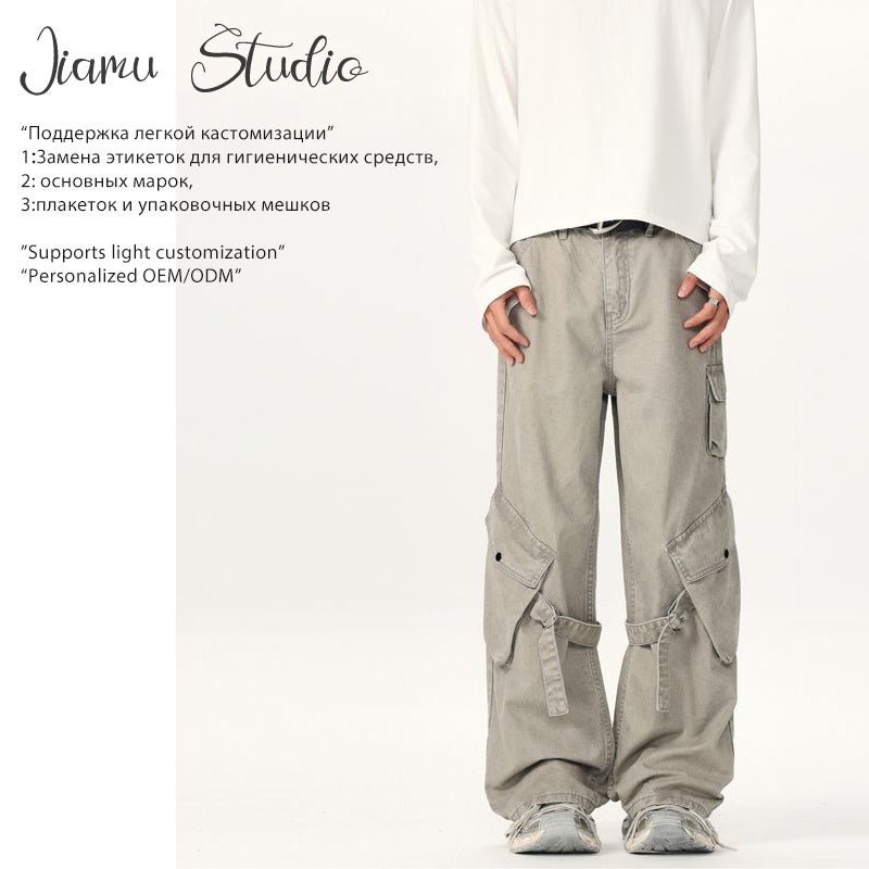 Jiamu Unisex Cargo Pants – High Street Straight Trousers with Flap Pockets - Image 2